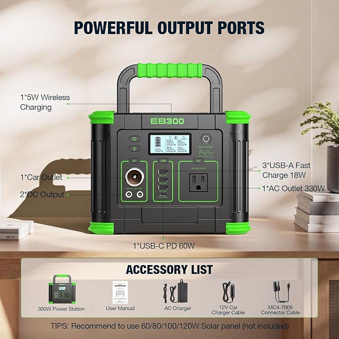 Portable Power Station 330W 288Wh Solar Generator with 60W USB-C PD Fast Charging, Pure Sine Wave AC Outlet, 5W Wireless Charger, LED for Camping, RV, CPAP, Home Emergency Backup, Off-Grid Living