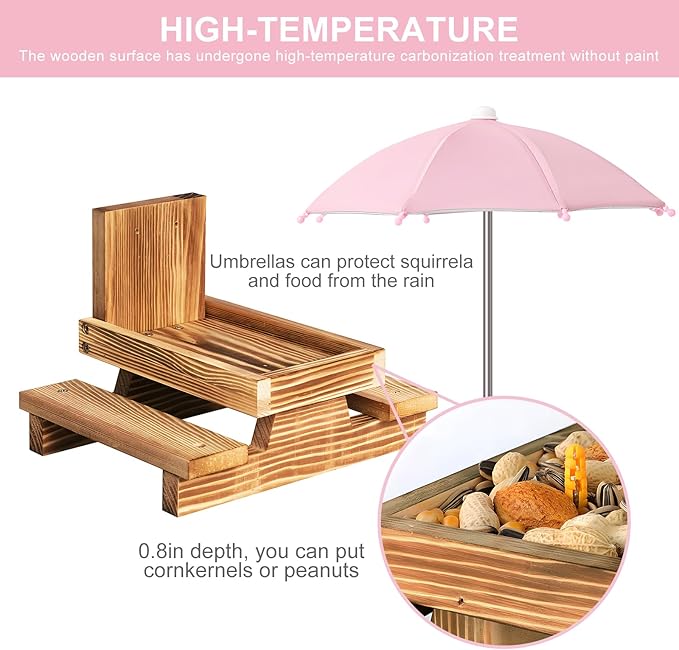 Gnodary Squirrel Feeder with Umbrella, Squirrel Feeders for Outside, Squirrel Picnic Table Feeder - Chipmunk Feeder Hold Corn, Corn Cob, Peanuts Style2 (Pink)