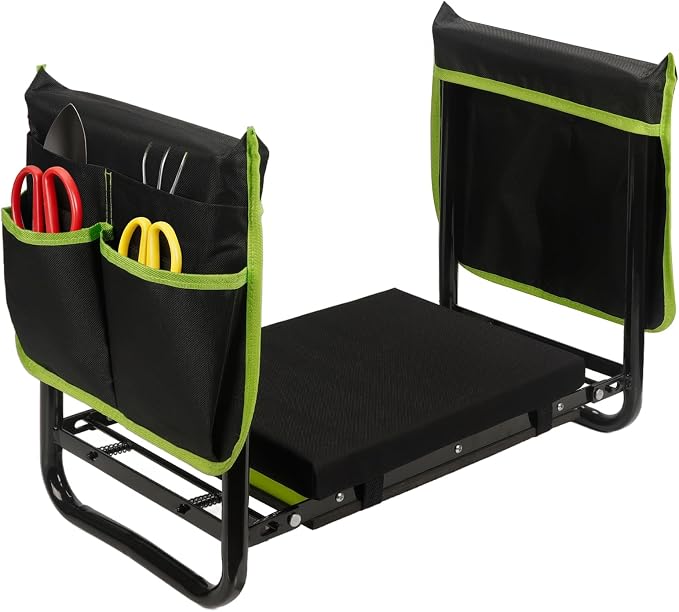 Garden Kneeler and Seat, Heavy Duty Gardening Stool with 1.8" Thick Detachable Kneeling Pad, Foldable Bench Chair with 2 Tool Pouches for Knee & Back Pain Relief for Women, Men, Seniors (Green)