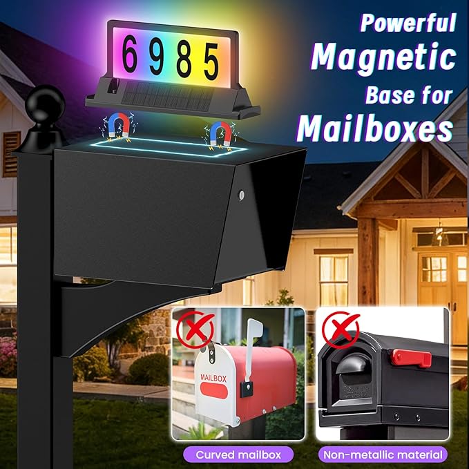 Solar Address Sign for House Numbers – Dual-Sided LED & Dual-Sided Solar Panels, 8 Color Modes, IP65 Waterproof Address Plaque, Strong Magnetic/Stake/Wall Mount, Dusk-to-Dawn for Mailbox Yard Driveway