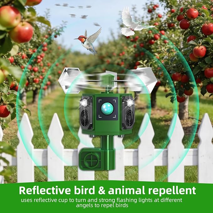 Solar Ultrasonic Bird Repellent Devices Outdoor&Woodpecker Deterrent with Reflective Bird Repeller-Reflective Rotating Goose Deterrent Suitable for Long-Term use Bird Deterrents for Outside