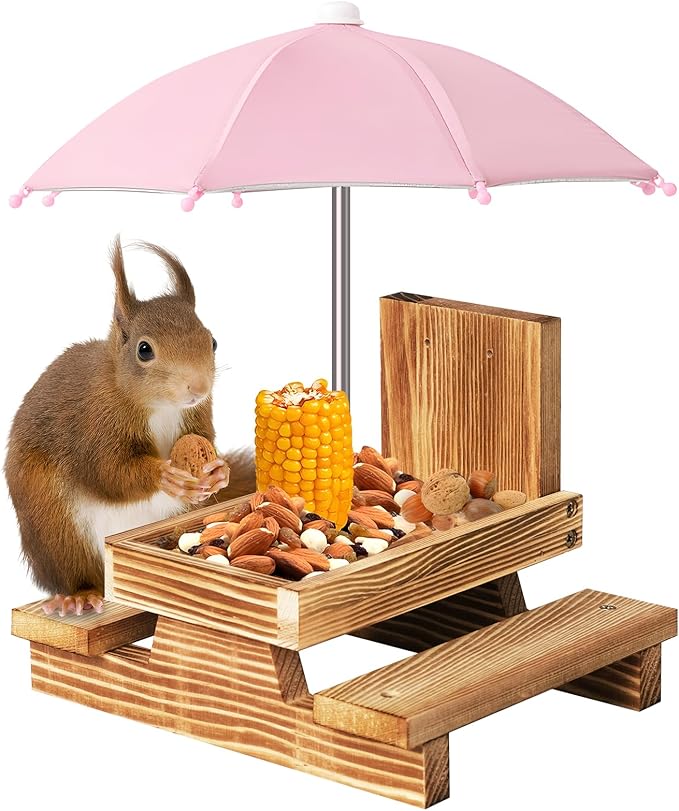 Gnodary Squirrel Feeder with Umbrella, Squirrel Feeders for Outside, Squirrel Picnic Table Feeder - Chipmunk Feeder Hold Corn, Corn Cob, Peanuts Style2 (Pink)