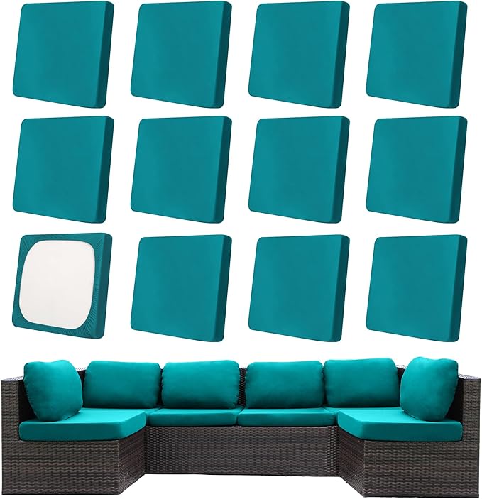 12Pcs Patio Cushion Covers,Outdoor Cushions Covers,Stretch Cushion Covers Replacement, Washable and Reusable Furniture Protectors(Peacock Blue)