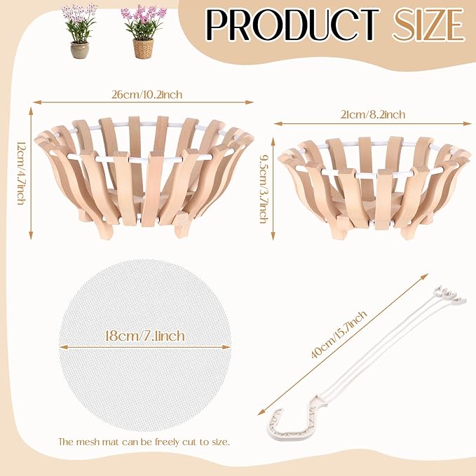 2 Sets Rustic Orchid Pots with Holes, Orchid Hanging Planter with Hangers, Wooden Lotus Flower Shape 10 & 8 Inch Specialist Hanging Baskets for Outdoor Patio Garden