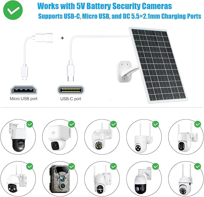 13W Solar Panel for Security Cameras, 5V Output, USB-C/Micro USB/DC (5.5x2.1mm), 360° Adjustable Mount, IP66 Waterproof, 7.2FT Cable, Outdoor Solar Charger