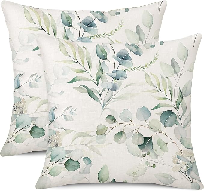 Set of 2 Sage Green Outdoor Waterproof Throw Pillow Covers Watercolor Eucalyptus Leaves Decorative Cushion Cases for Outdoor Couch Sofa Patio Furniture Home Decoration 18 x 18 Inch