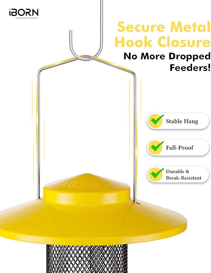 iBorn Finch Feeders for Outside,Thistle Bird Feeders for Outdoors Hanging,Nyjer Seed Feeder,Metal Mesh Tube Bird Feeder 13.5 Inch with 17cm Weatherproof Large Roof and Tray,2 LB Capacity,Yellow