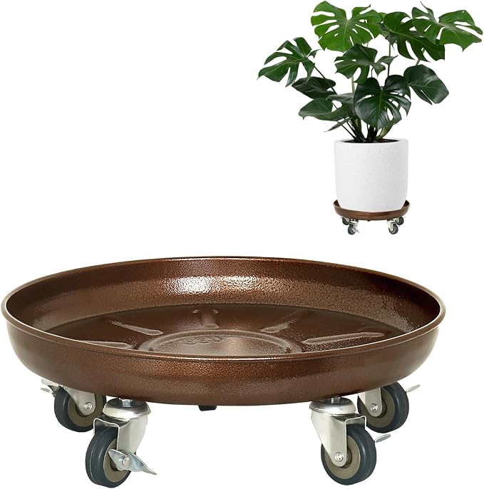 Plant Caddy with Wheels, 14" Heavy Duty Metal Plant Dolly, 390 lb Capacity Rolling Plant Stand with 360° Locking Casters, Waterproof Planter Tray and Saucer for Indoor Outdoor Large Pots