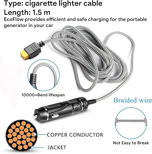 XT60 Extension Charging Cable DC Car Charger to Car Cigarette Lighter Plug Compatible with EF ECOFLOW Delta River Bluetti EB55 Anker 757 767 Portable Power Station Solar Generator DC Adapter