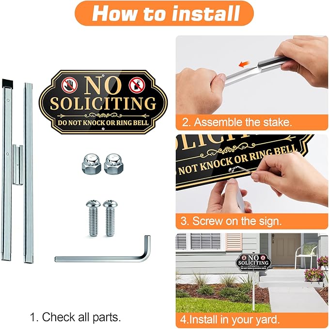 No Soliciting Sign for House, No Soliciting Yard Signs for Front Door Home, Aluminum Metal No Solicitation Sign 14 x 7 inches, with 28 inches Stake, Do Not Knock or Ring Bell