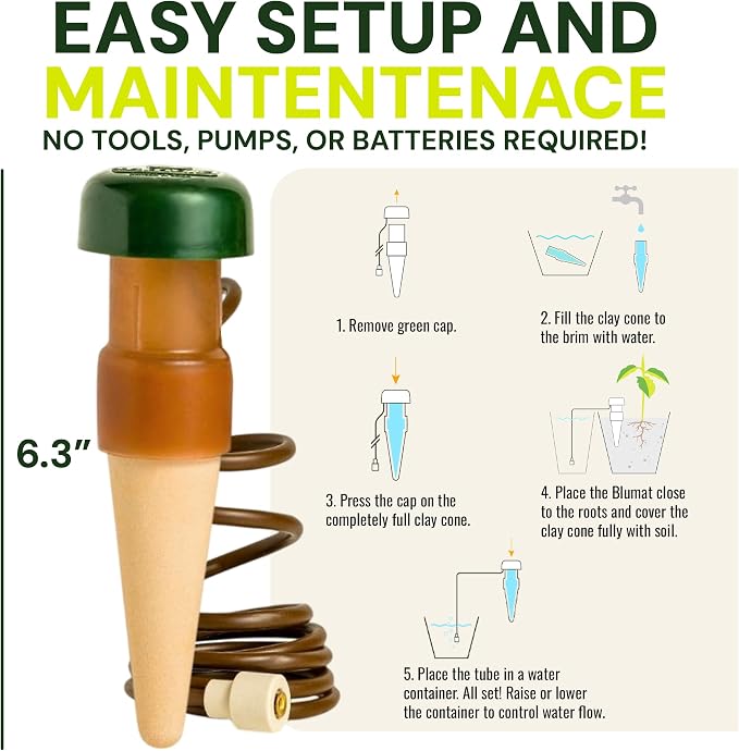 Blumat Classic Self-Watering Stakes - Prevents Overwatering and Underwatering for Healthy Growth While You are Away - Ideal for Indoor Plant Watering, 25 Pack, w Adapter