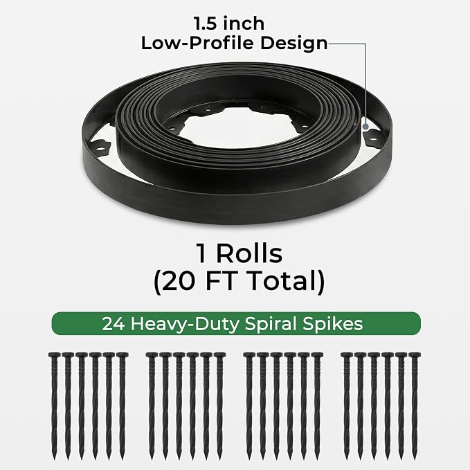 Gardzen 1.5" x 20' Landscape Edging Kit, Garden Edging Coil Comes with 24 Pcs Spikes, No Dig Lawn Border Design