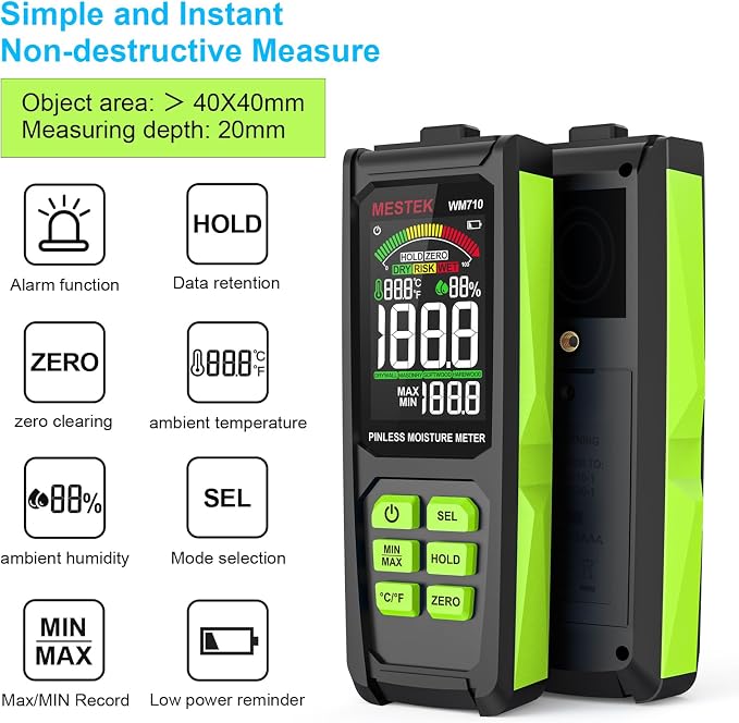 Pinless Moisture Meter, MESTEK Wood Moisture Meter Digital Moisture Detector for Lumber Drywall Firewood Masonry Woodworking Plaster Floor Concrete Building with LCD Display Sound Alarm