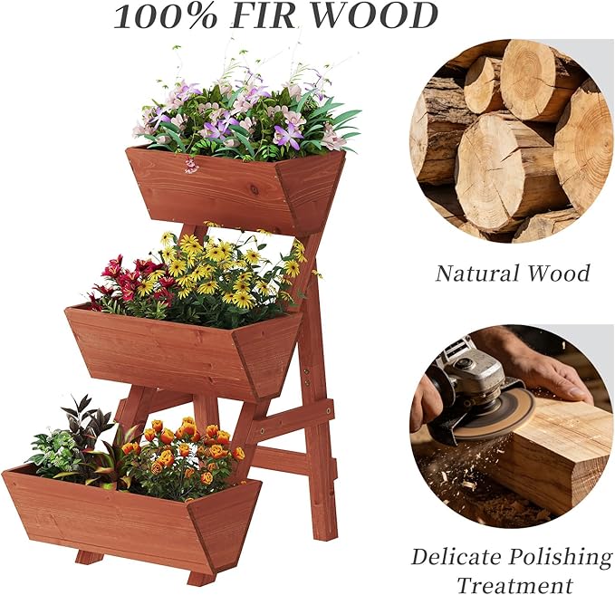 Kitsanery 3-Tiers Wooden Raised Garden Bed,Wood Planter Box for Vegetable,Flower Rack,Flower Pot Stands,Indoor Outdoor Gardening Planting Beds (Brick red, Small)