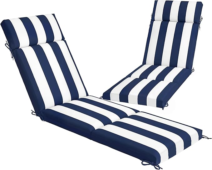Outsunny Outdoor Chaise Lounge Cushions Set of 2, Chaise Lounge Cushions with 6 Ties, High-Density Foam, 72 x 21.1 x 2.6 Inch Water-Repellent and UV-Resistant for Patio, Poolside, Dark Blue and White