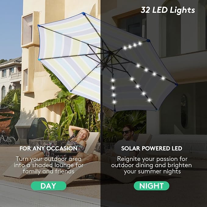 JEAREY 9FT Outdoor Patio Umbrella with Solar Lights, LED Lighted Pool Umbrella with Tilt and Crank, Outdoor Table Umbrellas for Deck, Yard & Market (Blue Green Striped)