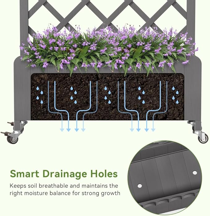 COMHOMA Raised Garden Bed with Trellis and Wheels,48Inch Elevated Planter Box with Drainage Holes,Lattice Privacy Screen for Climbing Plants Vegetables,Outdoor for Patio Balcony Yard,Gray