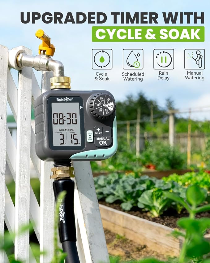 RAINPOINT Sprinkler Timer for Garden Hose - Hose Timer with Cycle & Soak/Rain Delay/Automatic Watering/Manual Watering, Programmable Irrigation System with Large Display for Lawn, Yard, Brass Inlet