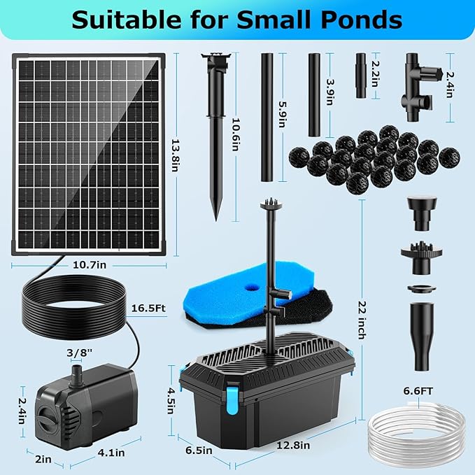 POPOSOAP Solar Pond Filter with Fountain Pump, 20W Solar Powered Water Pump and Pond Filters for Outdoor Ponds Fish Tank Garden Pool Water Feature Waterfall
