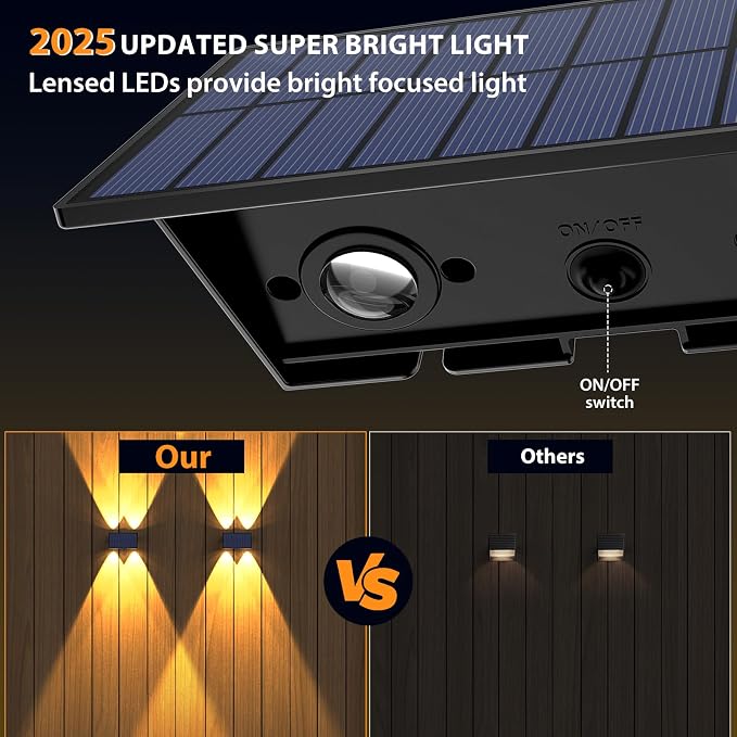 Solar Fence Lights,12 Pack Solar Lights Outdoor Warm White + RGB Up & Down Solar Wall Lights Waterproof 100 Lumens Dusk to Dawn Solar Powered Fence Light for Backyard/Pool/Railing/Patio/Porch/Step