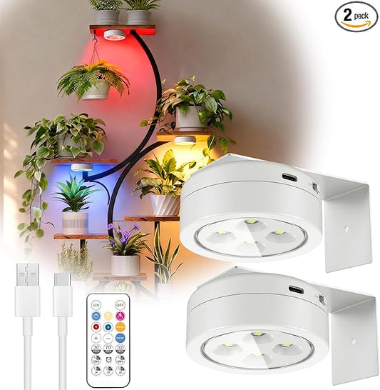 2 Pack Rechargeable Battery Grow Light, Full Spectrum Indoor Cordless Plant Light with Timer & Remote, Stepless Dimming,Type-C Charging 2000mAh,Wireless Magnetic Puck Plant Lights for Indoor Growing