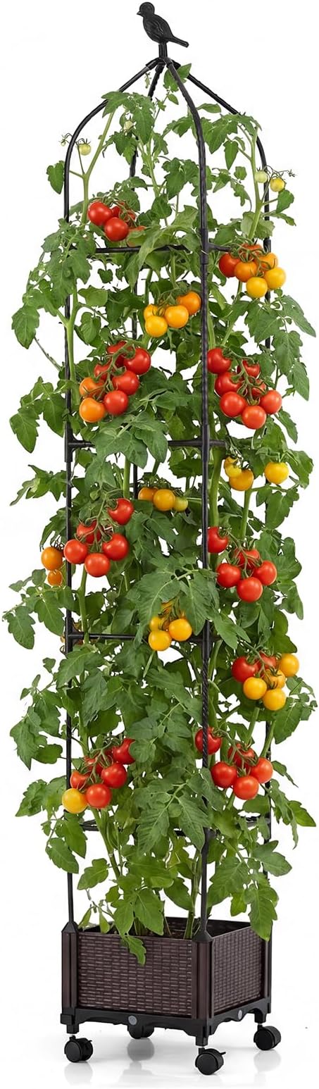 HAPPYGRILL Raised Garden Bed with Trellis, 83”H Self-Watering Tomato Cages, Adjustable Height, Indoor Outdoor Obelisk Planter Box w/Trellis & Wheels for Climbing Plants Vines Fruits