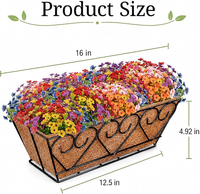 ZeeDix 16 Inch Railing Planter Box with 12 Pack Artificial Fake Flowers | Fake Silk, UV Sun Resistant, Look Real Colorful Flowers for Deck Porch Patio Balcony Garden Home Outdoor Outside Decoration