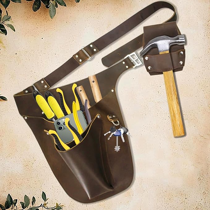 Leather Garden Tool Belts for Men - Gardeners Gifts for Women, Small Tool Belt for Florists, Electrician, Carpenter, Flower Farmer, Landscaper with Hammer Holder - Right
