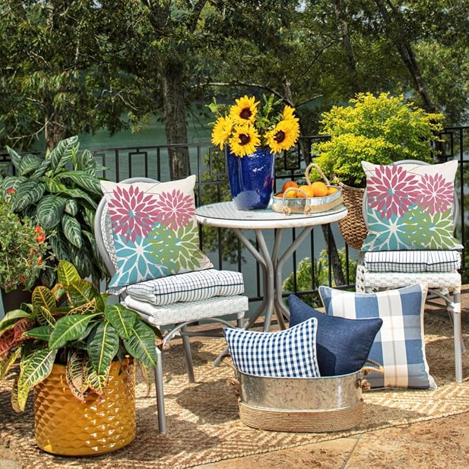 DFXSZ Outdoor Throw Pillow Covers 18x18 Inch Set of 2 Waterproof Spring Summer Geometric Elegant Pink Blue Green Outdoor Easter Pillow Covers for Patio Funiture Garden Couch 168B18