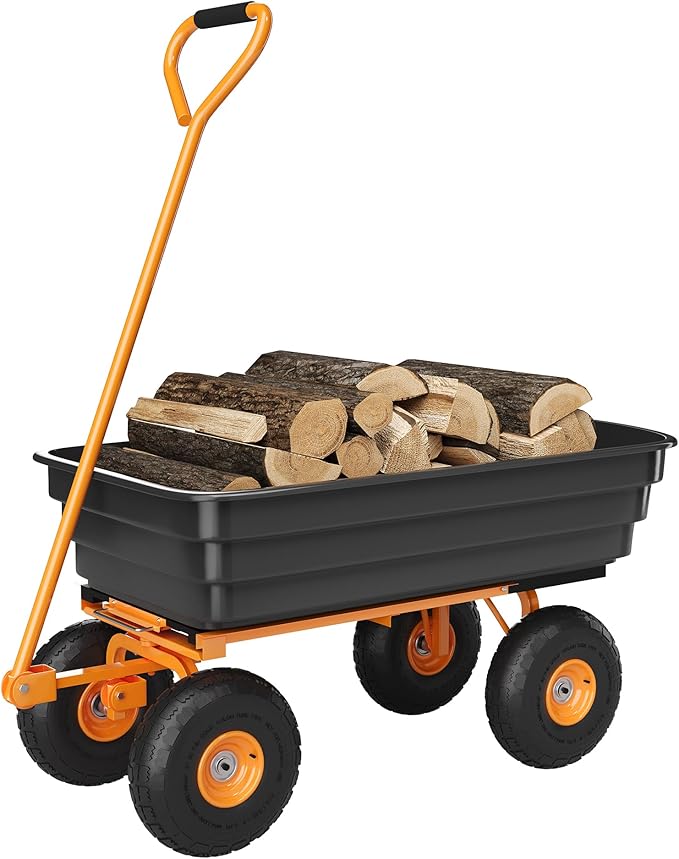 Heavy Duty Garden Dump Cart with 600 Lbs Capacity – 4 Cu.Ft Yard Utility Wagon with 10" All-Terrain Tires, 180° Adjustable Handle & Quick-Release Tipping for Soils, Plants & Tools, Black