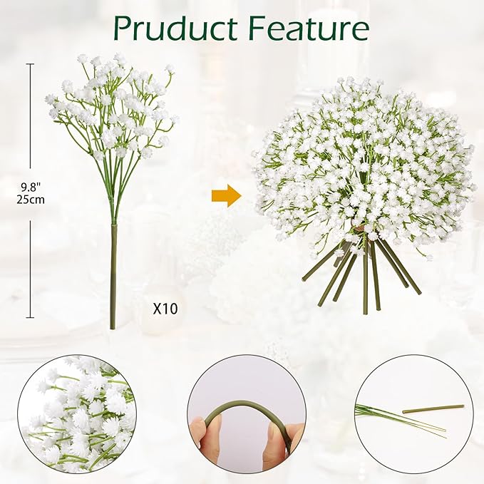 Baby's Breath Artificial Flowers Bulk 10 Pack (30pcs) Faux Baby Breath Plastic Flower Fake Gypsophila Flower Arrangement for Crafts Fake Flowers Bouquet for Wedding Centerpieces White Baby Breath
