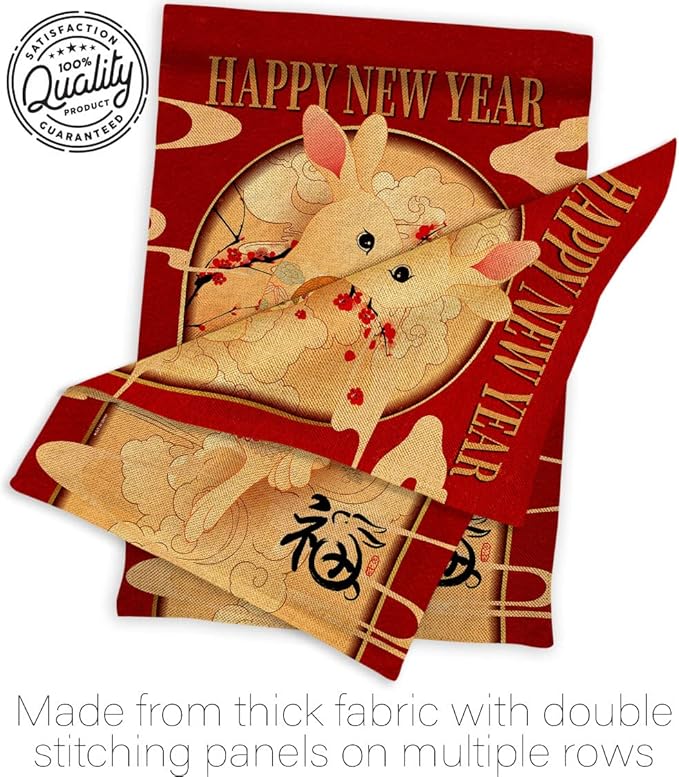 Lunar New Year of Rabbit Wall Tapestry Home Decor Burlap Banner Patio Porch Lawn Garden Flag Pole Room Decorations Indoor Outdoor Yard Sign Spring Gifts Prosperous Chinese Decoration Made in USA