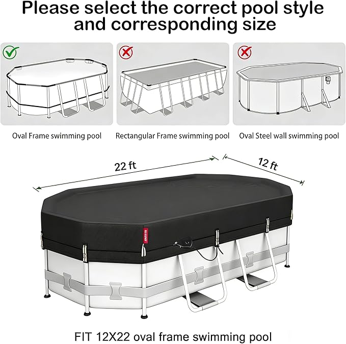 QH.HOME 12X22ft Oval Pool Cover,[Ultimate Windproof & Tear-Resistant Fabric],Snug Fit with Patented Ratchet & Weight Rings,Solar Pool Cover for Above Ground Pools, Blocks Leaves &Waterproof