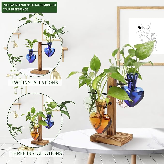 Plant Terrarium Propagation Stations with Wooden Stand | Glass Vase for Indoor Hydroponics Home Garden Office Decoration Gift for Women - 4 Love Bulb Vase