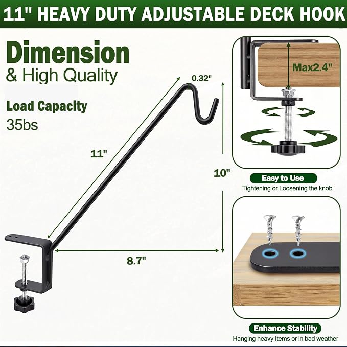 11 Inch Deck Railing Plant Hanger,2 Pack Deck Hooks Hanger for Railing Heavy Duty,Solid Iron Shepherds Hook for Deck Railing & Bird Feeders for Outdoors,Plant Hanger Bracket for Balcony,Porch