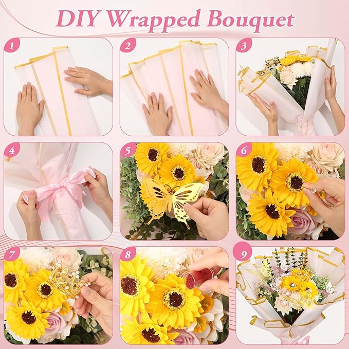 449Pcs Flower Bouquet Wrapping Accessories with Floral Wrapping Paper Gold Crowns Butterfly Decorations Gem Pins and Wooden Sticks, Ribbons for Money Bouquet Mother's Day Baby Shower Graduation
