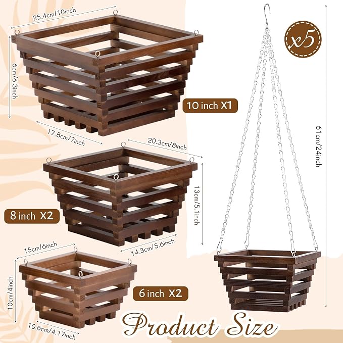 SiliFine 5 Pcs Wooden Orchid Hanging Basket with Hangers Pine Rustic Vanda Baskets Square Handmade Orchid Pots for Indoors Outdoors Garden Staghorn Ferns Mount Plants Flowers (6inch,8inch,10inch)