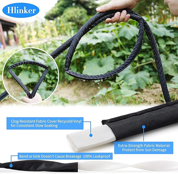 Hlinker Flat Soaker Hose 50 200 FT for Garden Beds, 200FT 1/2" Linkable Consistent Drip Irrigation Hose Save 80% Water, Leakproof Heavy Duty Double Layer Sprinkler Hose