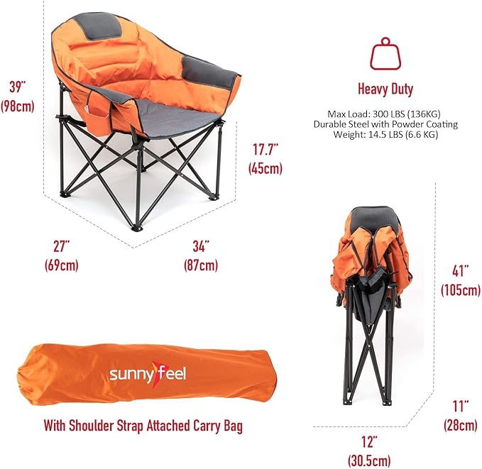 SUNNYFEEL Oversized Camping Chair Heavy Duty 500 LBS Portable Folding Chairs Orange Large Sofa Chair for Beach, Trip, Picnic, Lawn, Outdoor Camp Chair for Adults & Carry Bag