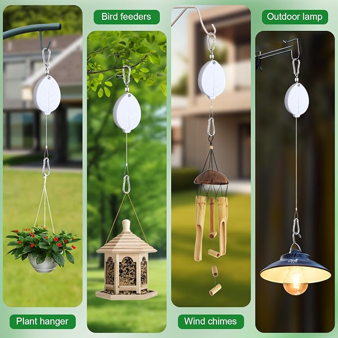 Heavy Duty Retractable Plant Hangers, Adjustable Pull-Down Pulleys with 63" Stainless Steel Rope, Double Hooks for Hanging Plants, Bird Feeders, Planters & Pots, Indoor & Outdoor Use (3Pcs- White)