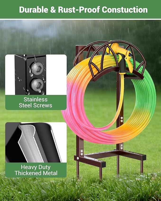 HZE Garden Hose Holder, Freestanding Water Hose Holder Stand for Outside, Heavy Duty Detachable Metal Garden Tube Storage Hanger Rack Holds 160 FT for Yard Lawn Farm, Bronze