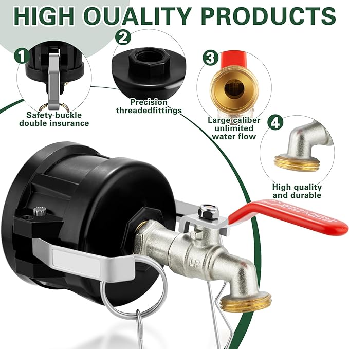 IBC Tote Adapter, 2" Cam Lock for 275-330 Gallon IBC Tote Tank with 2packs Groove Fittings, IBC Tote to Garden Hose Adapter with Nickel Plated Brass Hose Faucet (1/2" Male NPT Inlet ×3/4" Male GHT)