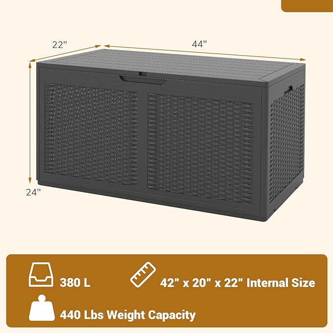Moccha 100-Gallon Outdoor Storage Box - Waterproof Resin Deck Box with Lockable Lid & Wheels, Faux Rattan Outdoor Storage Bench for Pool Accessories, Garden Tool, Patio Furniture Cushion (Grey)