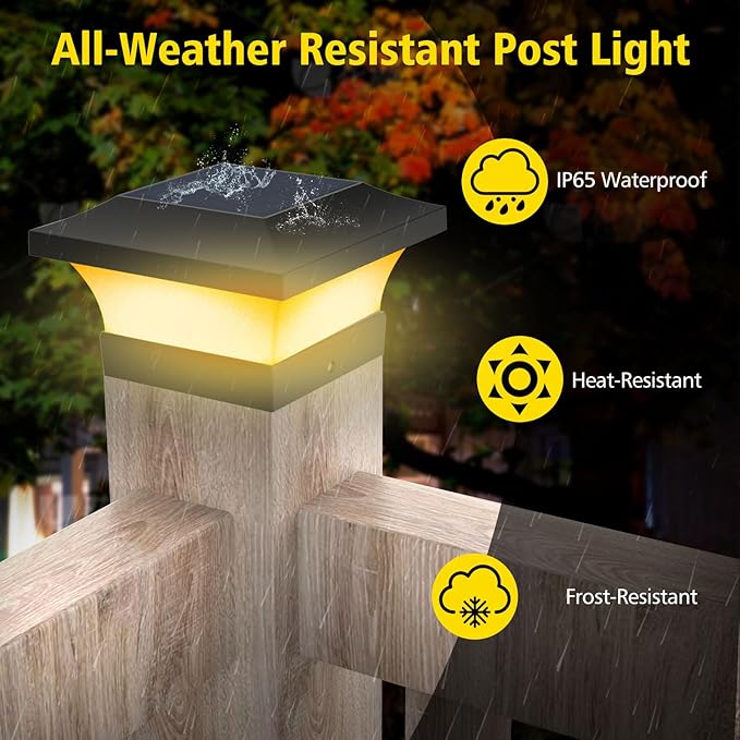 T-SUN 4X4 Solar Post Cap Lights, 2 Pack Warm White LED Fence Post Solar Lights, Outdoor Waterproof Post Lights for Wood & Vinyl Fence Posts, Deck, Patio Railing, Porch, Black