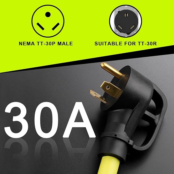 30 Amp to 110 Adapter RV Cord, 30 Amp to 20 Amp Adapter, NEMA TT-30P Male to 3X 5-15R/5-20R T-Blade Household Outlet Female with Lighted Power Indicator, 1.5 FT