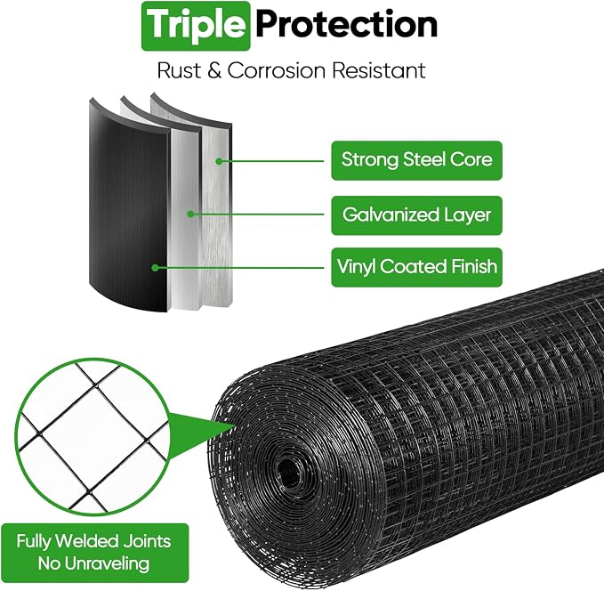Black Hardware Cloth 24in x 100ft – 19 Gauge Vinyl Coated Steel Wire Mesh Roll, 1" Square Welded Fence for Chicken Coop, Garden Barrier, Animal Control, Outdoor Pet Enclosure, Rodent Proofing