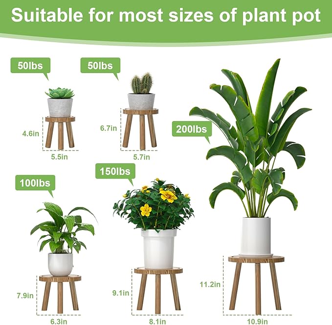 5-Pack Wood Plant Stands Indoor, Single Plant Stand for 6-12 Inch Pots, Mid-Century Modern Plant Stool, Tall Plant Stand for Large Plants for Living Room, Balcony, Office (Light Brown)