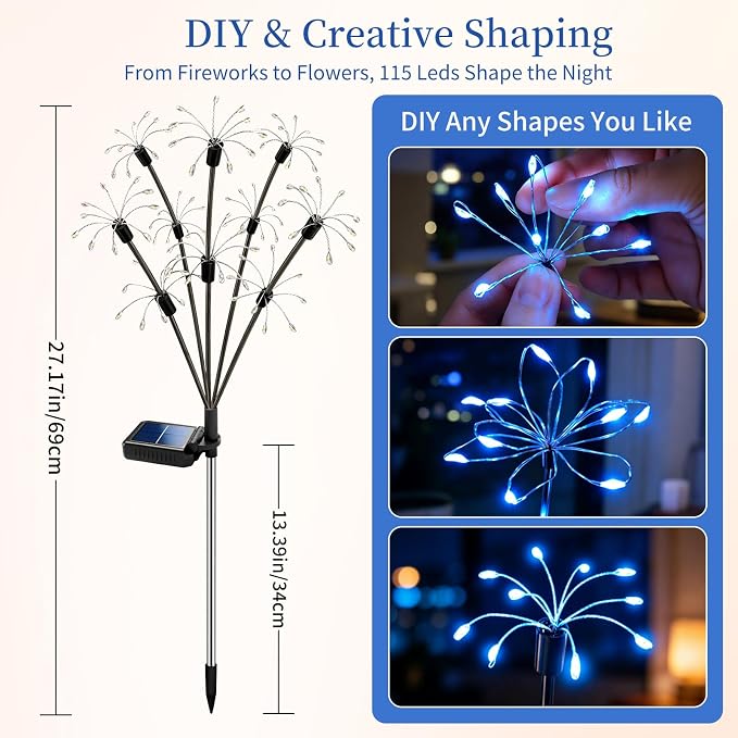 Solar Garden Lights Outdoor, 4 Pack 2-Layer Blue Solar Firework Lights, Waterproof Starburst Fairy Light Garden Decor for Yard Patio Pathway Lawn, Unique Gifts for Women Mom Grandma Mother's Day
