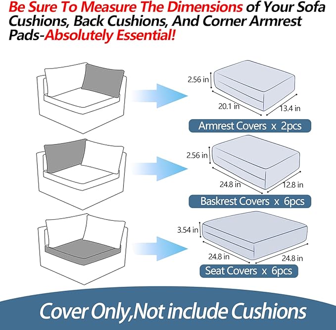 14Pcs Patio Cushion Covers Replacement Splashproof UV-Resistant Inelastic Covers with Zippers, Max Compatible 24.8x24.8x3.54inch Patio Cushion, for 7 Pcs Outdoor Patio Furniture Sets