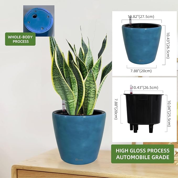 Dexceder 11x10 Self Watering Planter (Peacock Blue Gradient) | Inner Pot Design, Thickened Table Flower Plant Pot with Water Level Indicator Indoor Outdoor